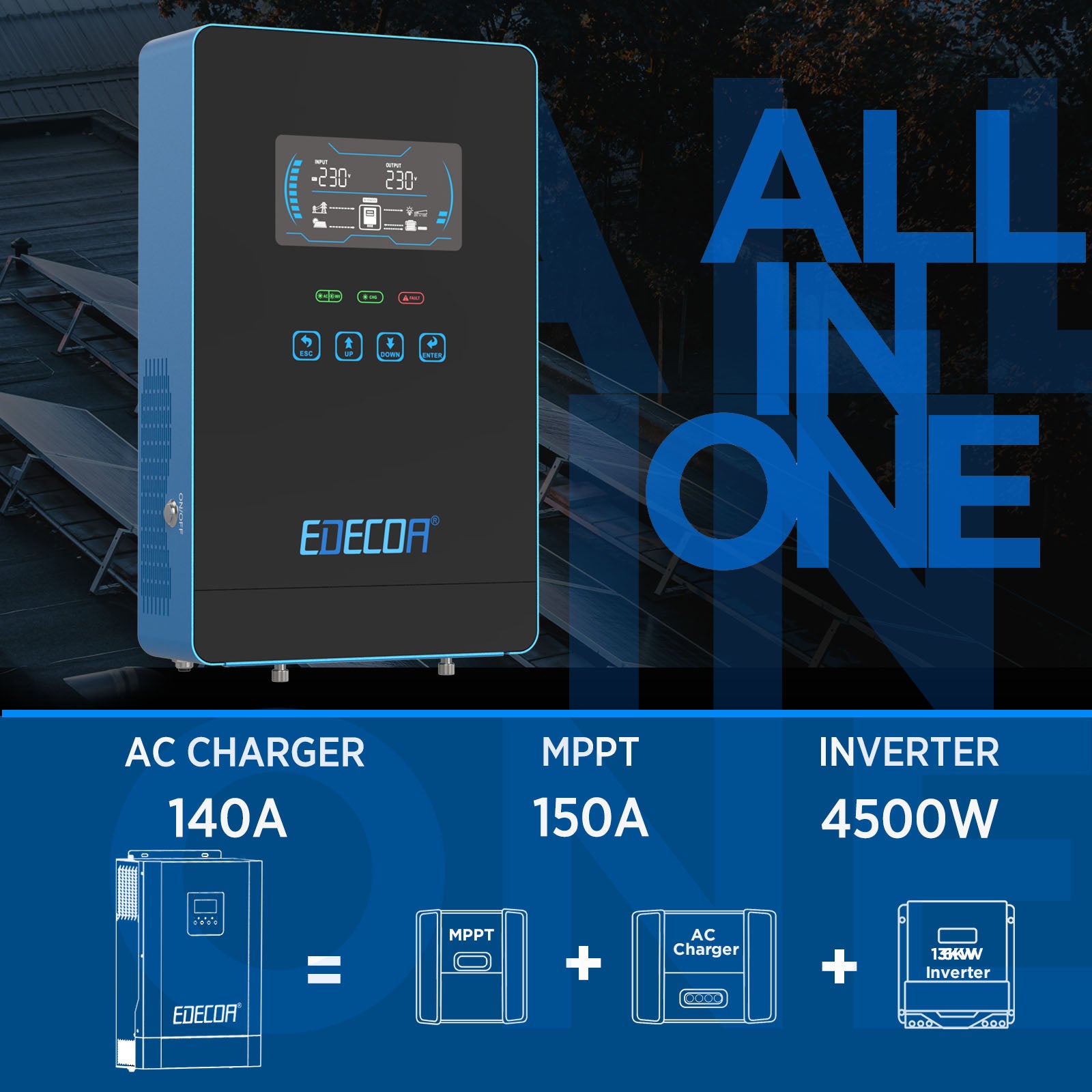 EDECOA Hybrid Solar Inverter 4500W 24V to 220V Pure Sine Wave