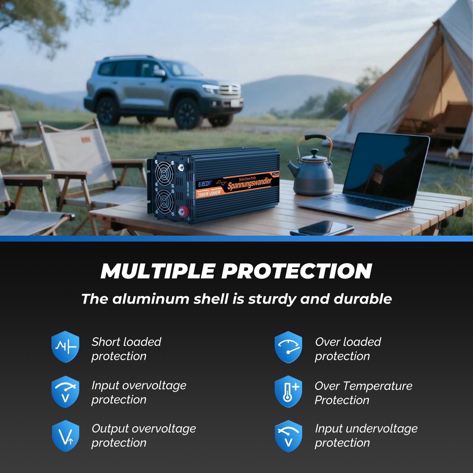 EDECOA 2000W DC 12V AC 220V 230V Pure Sine Wave Power Inverter Bluetooth-Compatible WiFi-Compatible