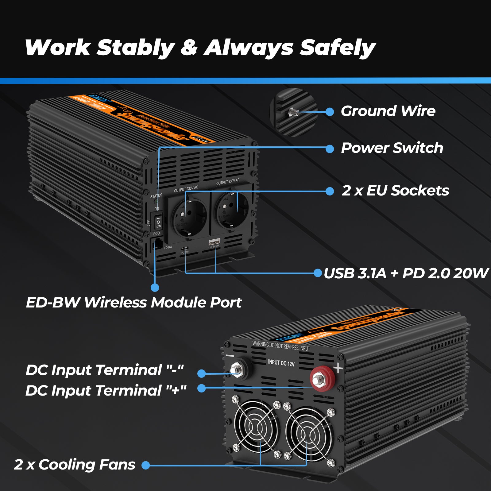 EDECOA 2000W DC 12V AC 220V 230V Pure Sine Wave Power Inverter Bluetooth-Compatible WiFi-Compatible