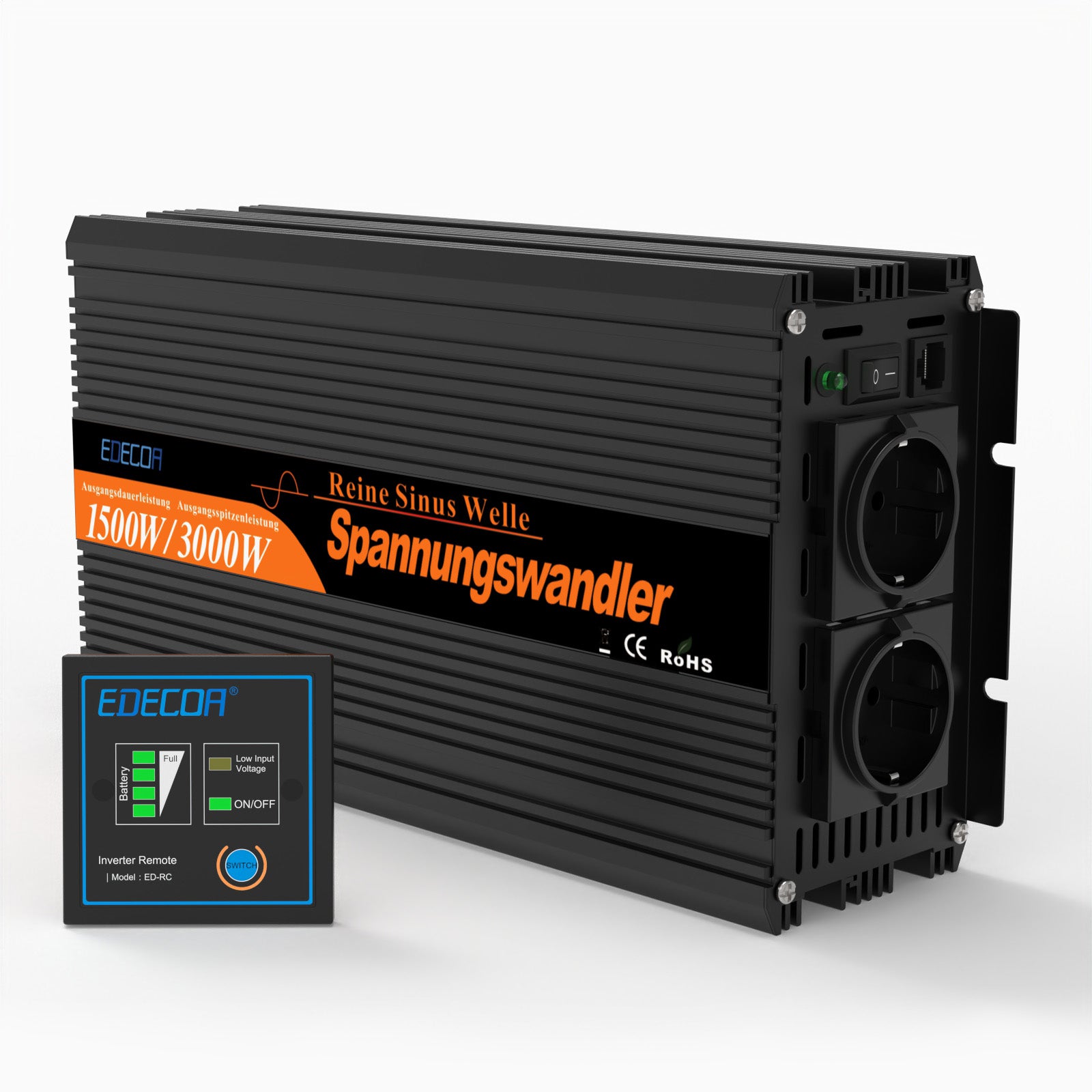 EDECOA 1500W/3000W DC 12V/24V AC 220V 230V pure sine wave power inverter