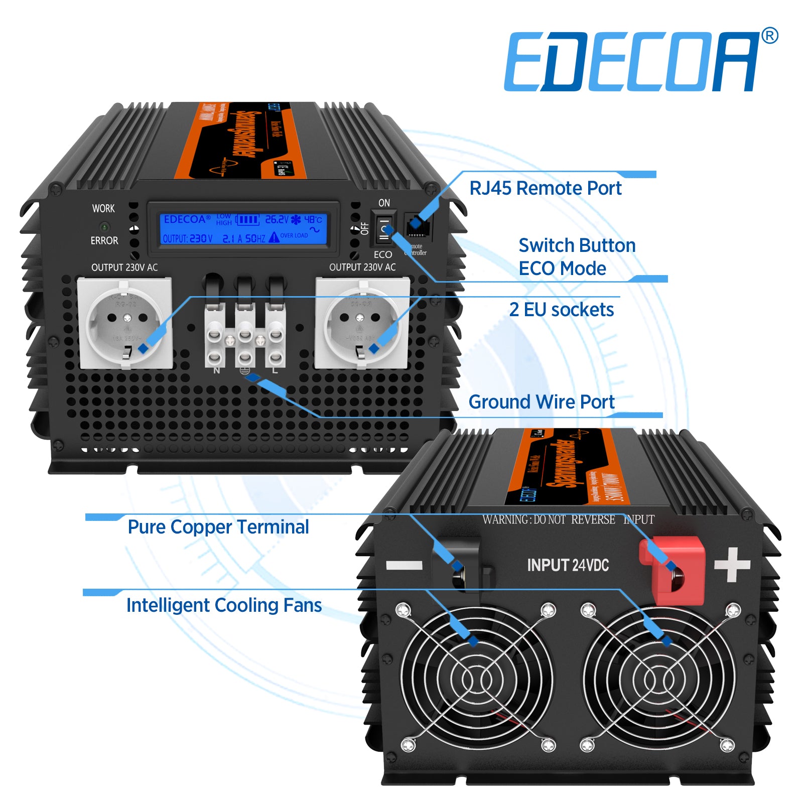 EDECOA 3500W DC 24V to AC 220V 230V pure sine wave power inverter