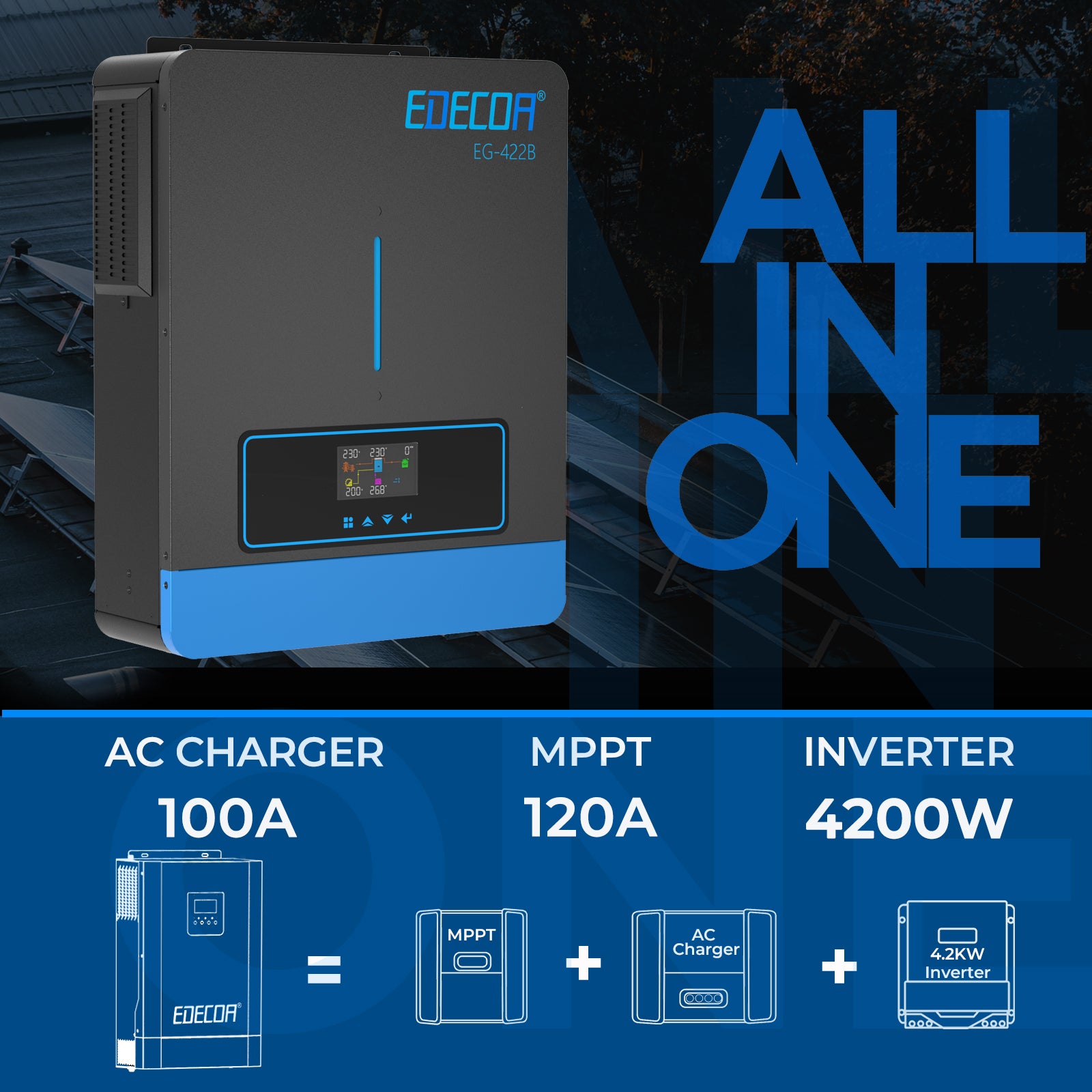 EDECOA Hybrid Solar Inverter 4200W 24V to 220V Pure Sine Wave MPPT 120A PV 60-500VDC