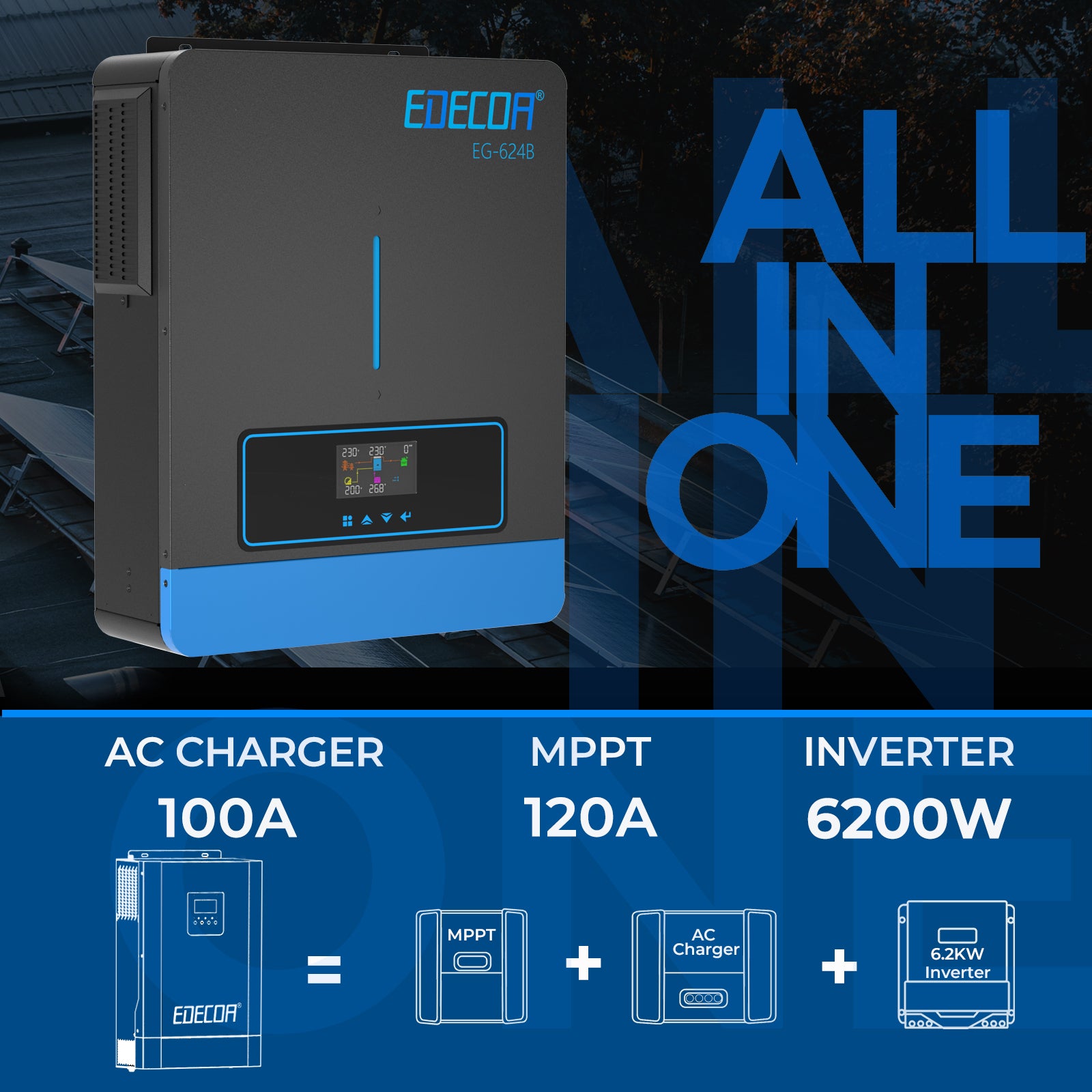 EDECOA Hybrid Solar Inverter 6200W 48V to 220V Pure Sine Wave MPPT 120A PV 60-500VDC
