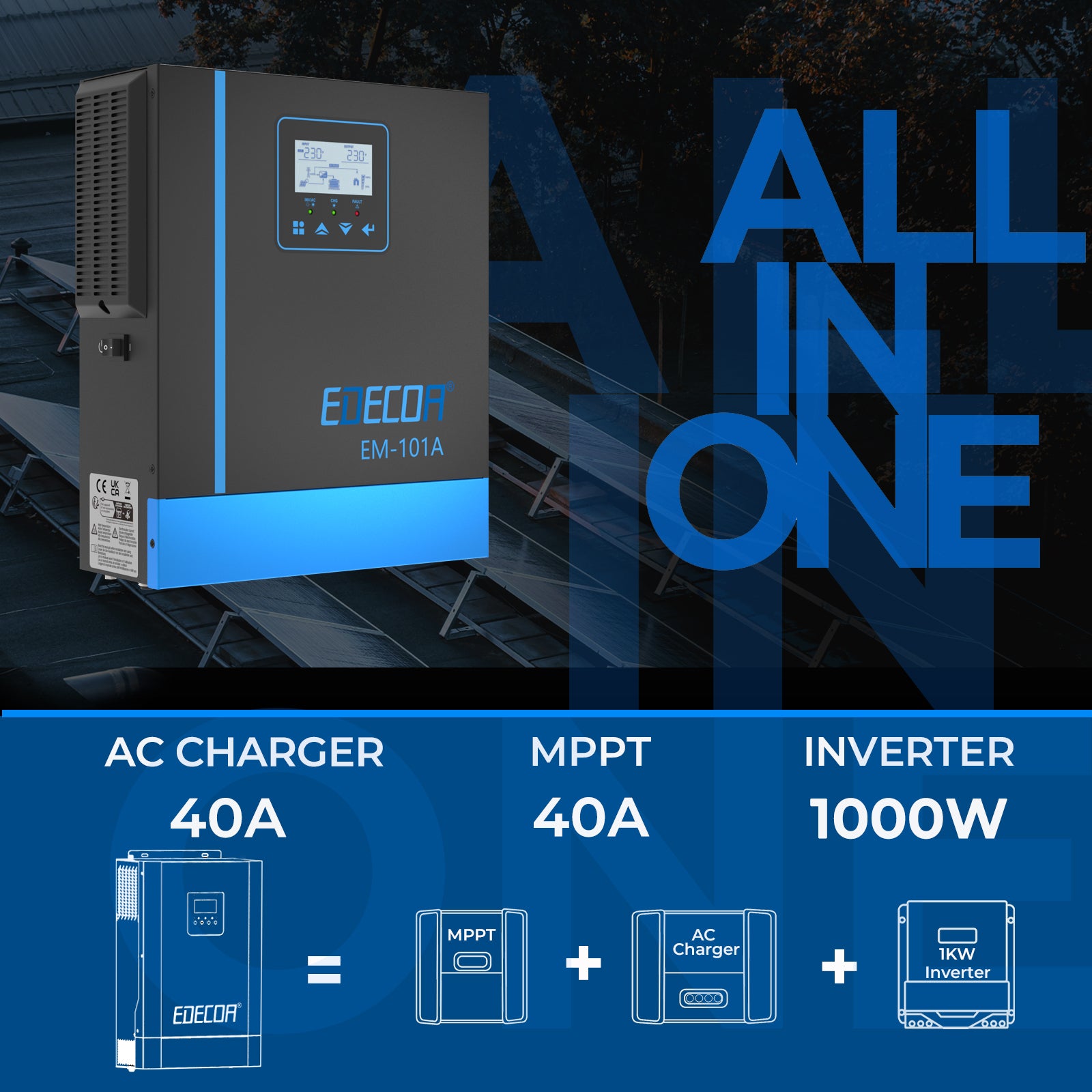 EDECOA Hybrid Solar Inverter 1000W 12V to 220V Pure Sine Wave MPPT 40A PV 20-150VDC