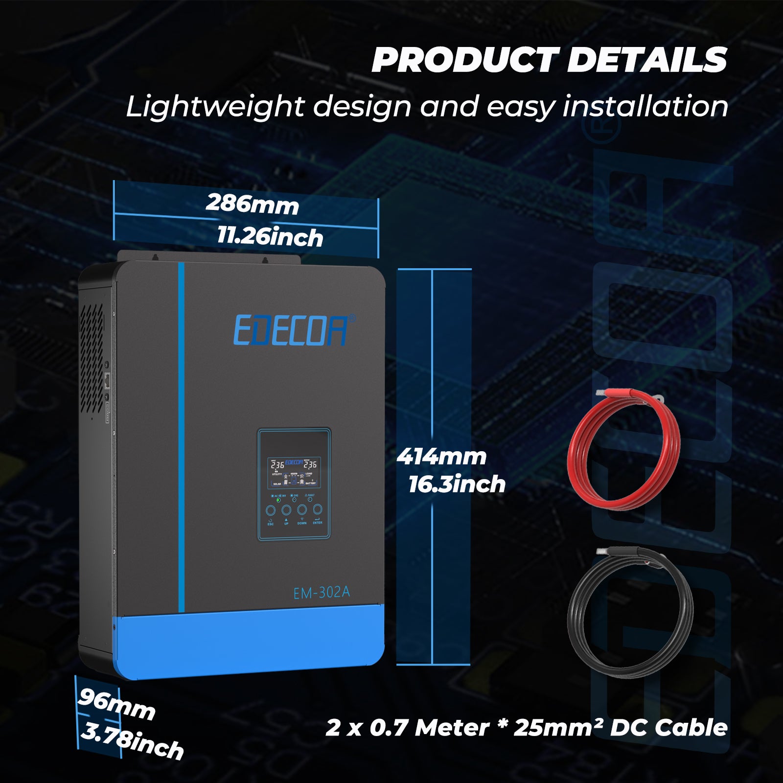 EDECOA Hybrid Solar Inverter 3000W 24V to 220V Pure Sine Wave MPPT 80A PV 55-450VDC