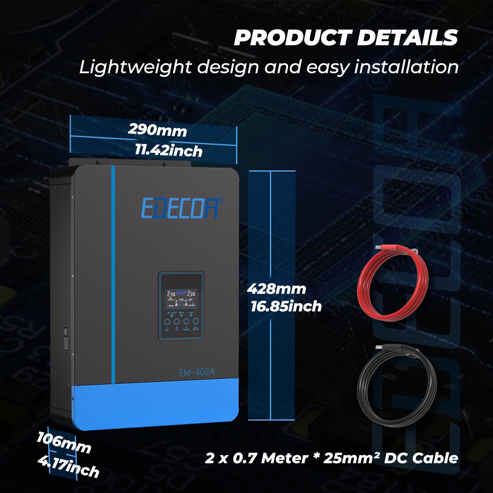 EDECOA Hybrid Solar Inverter 4000W 24V to 220V Pure Sine Wave MPPT 110A PV 55-450VDC