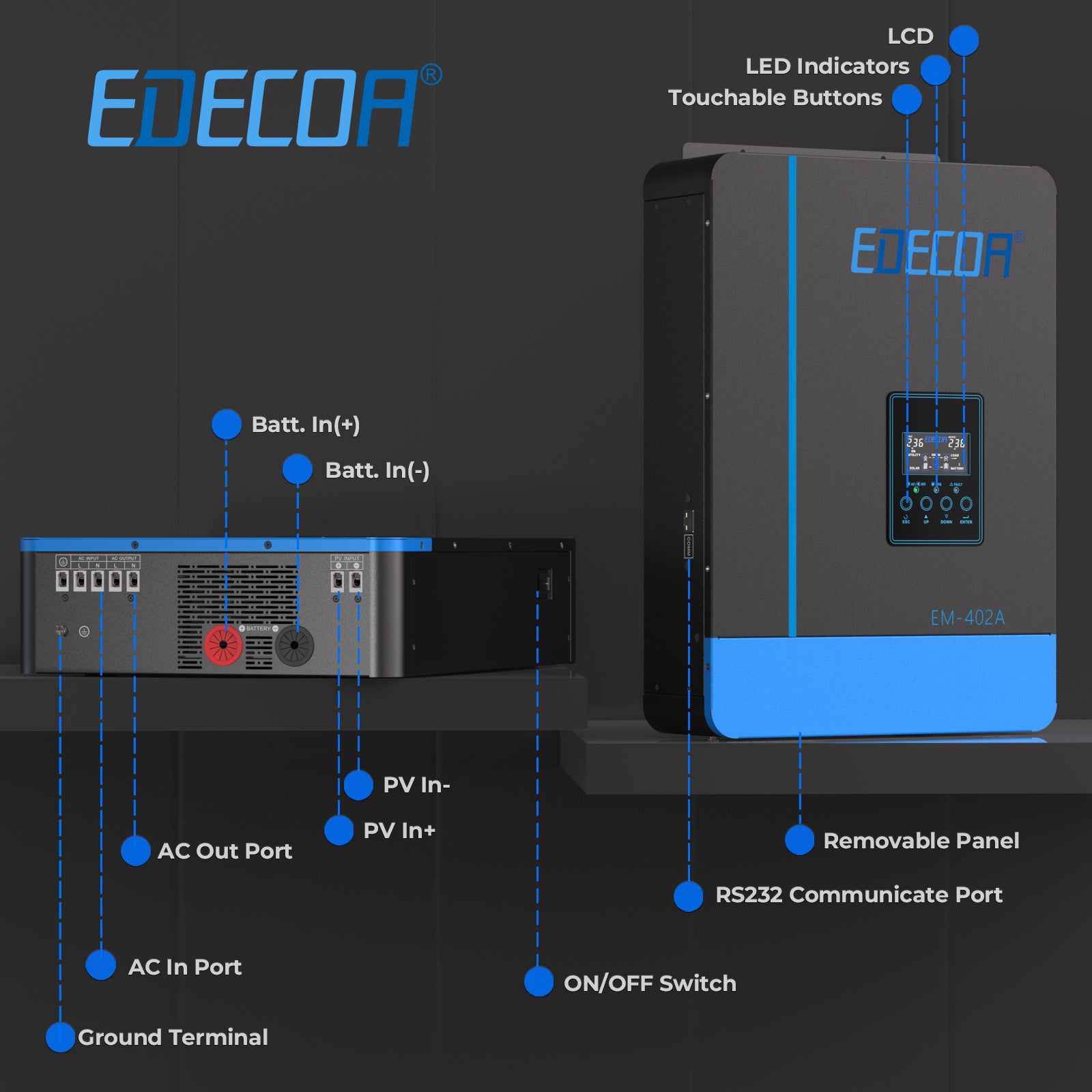 EDECOA Hybrid Solar Inverter 4000W 24V to 220V Pure Sine Wave MPPT 110A PV 55-450VDC