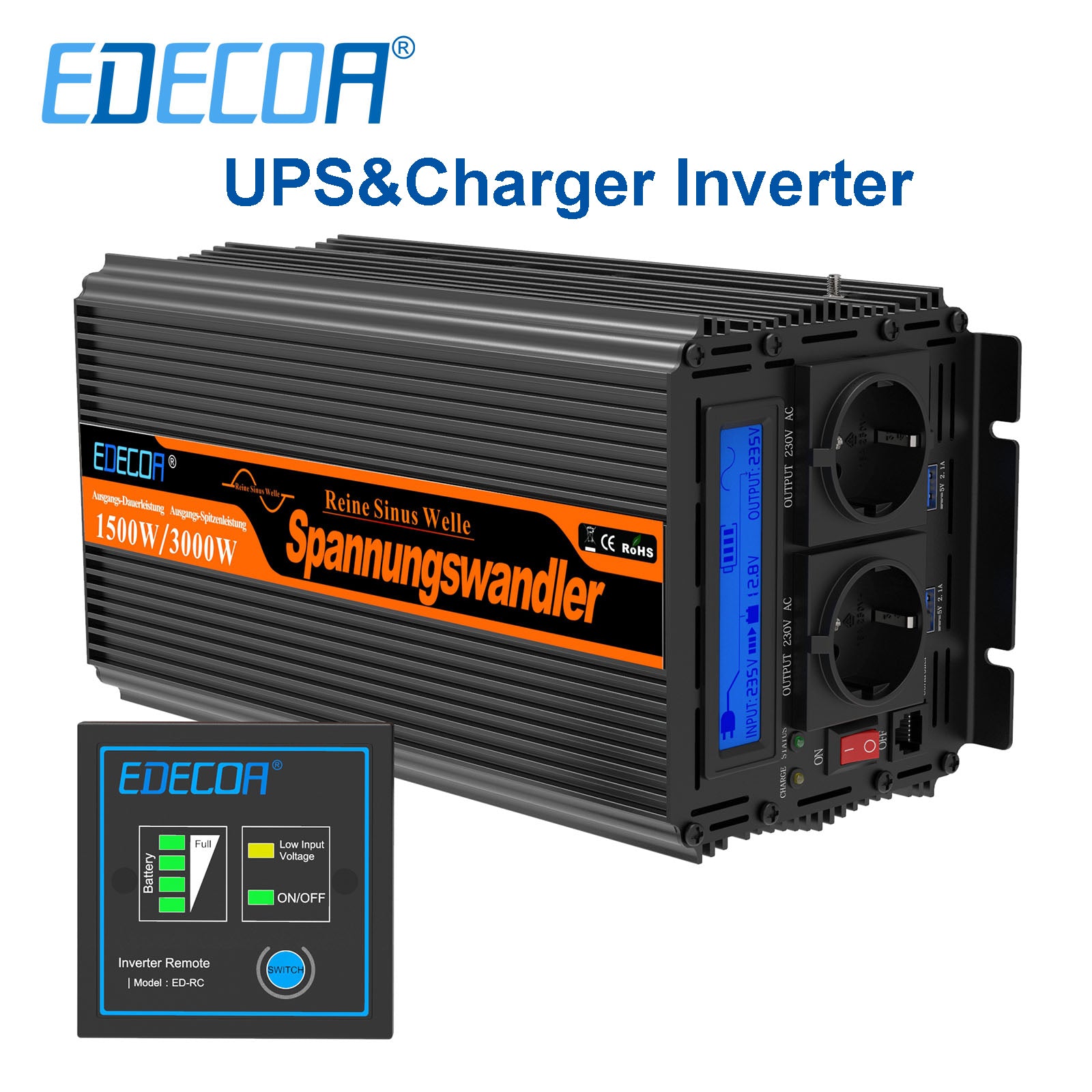 EDECOA Pure Sine Wave Power Inverter 12V to 220V 1500W With UPS and Charger Function