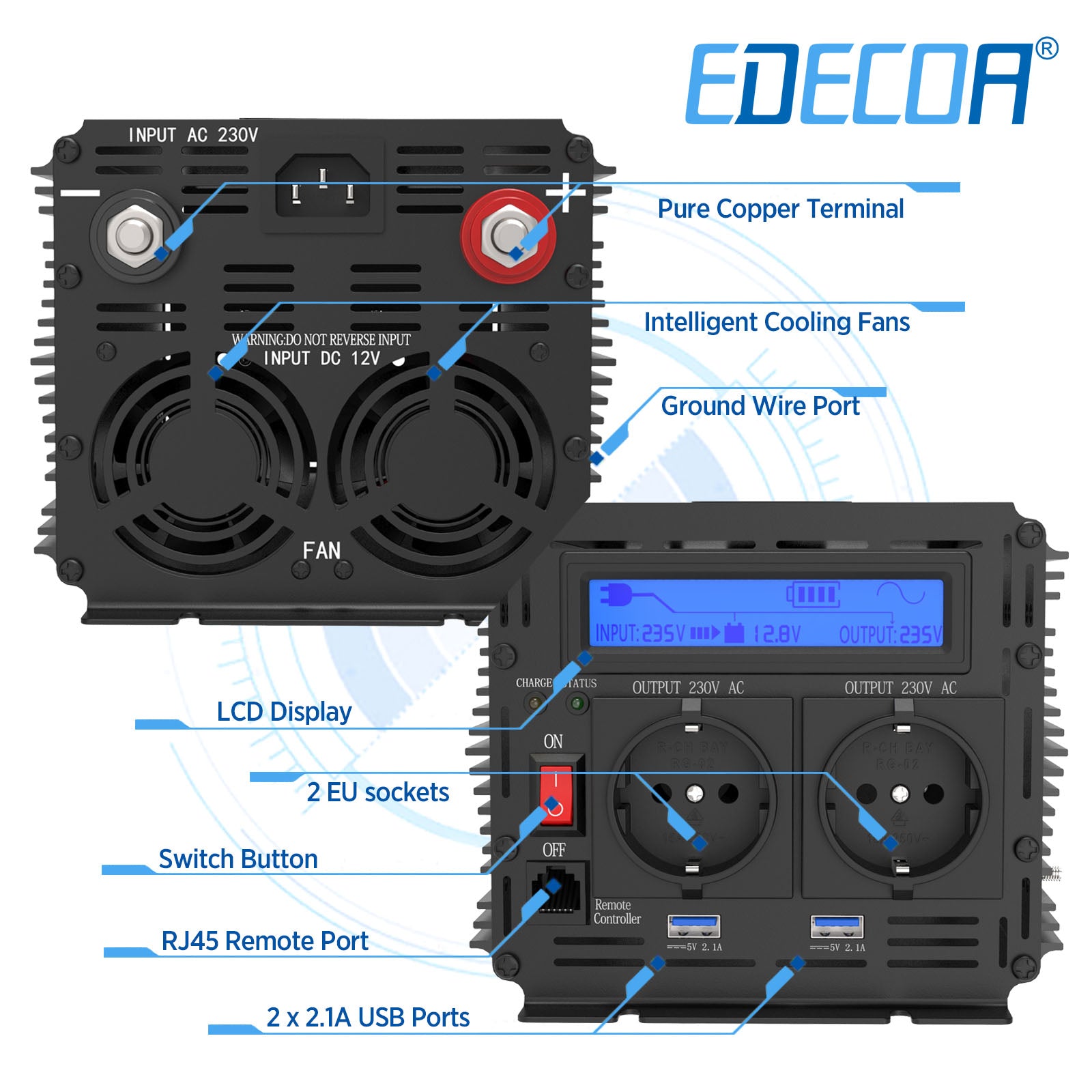 EDECOA Pure Sine Wave Power Inverter 12V to 220V 1500W With UPS and Charger Function