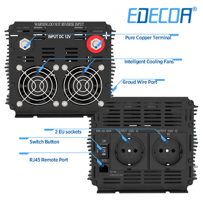 EDECOA 2000W DC 12V AC 220V 230V pure sine wave power inverter