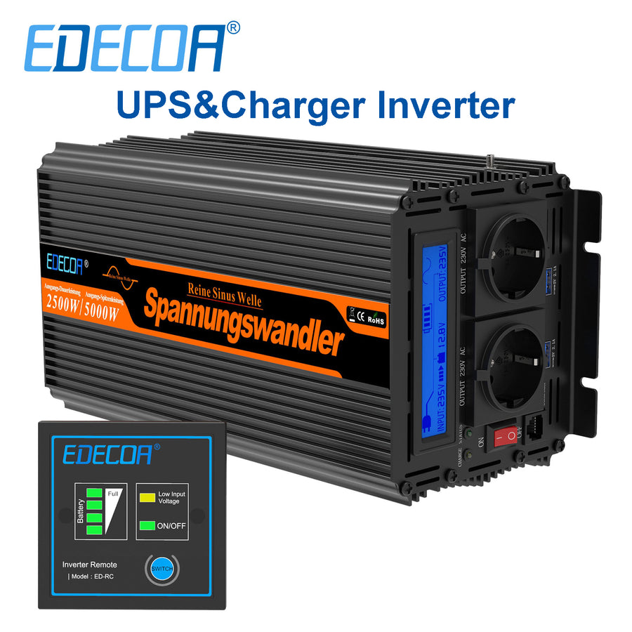 EDECOA Pure Sine Wave Power Inverter 12V to 220V 2500W With UPS and Charger Function