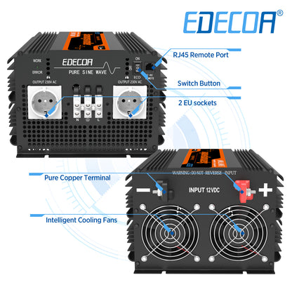 EDECOA 3500W DC 12V AC 220V 230V pure sine wave power inverter