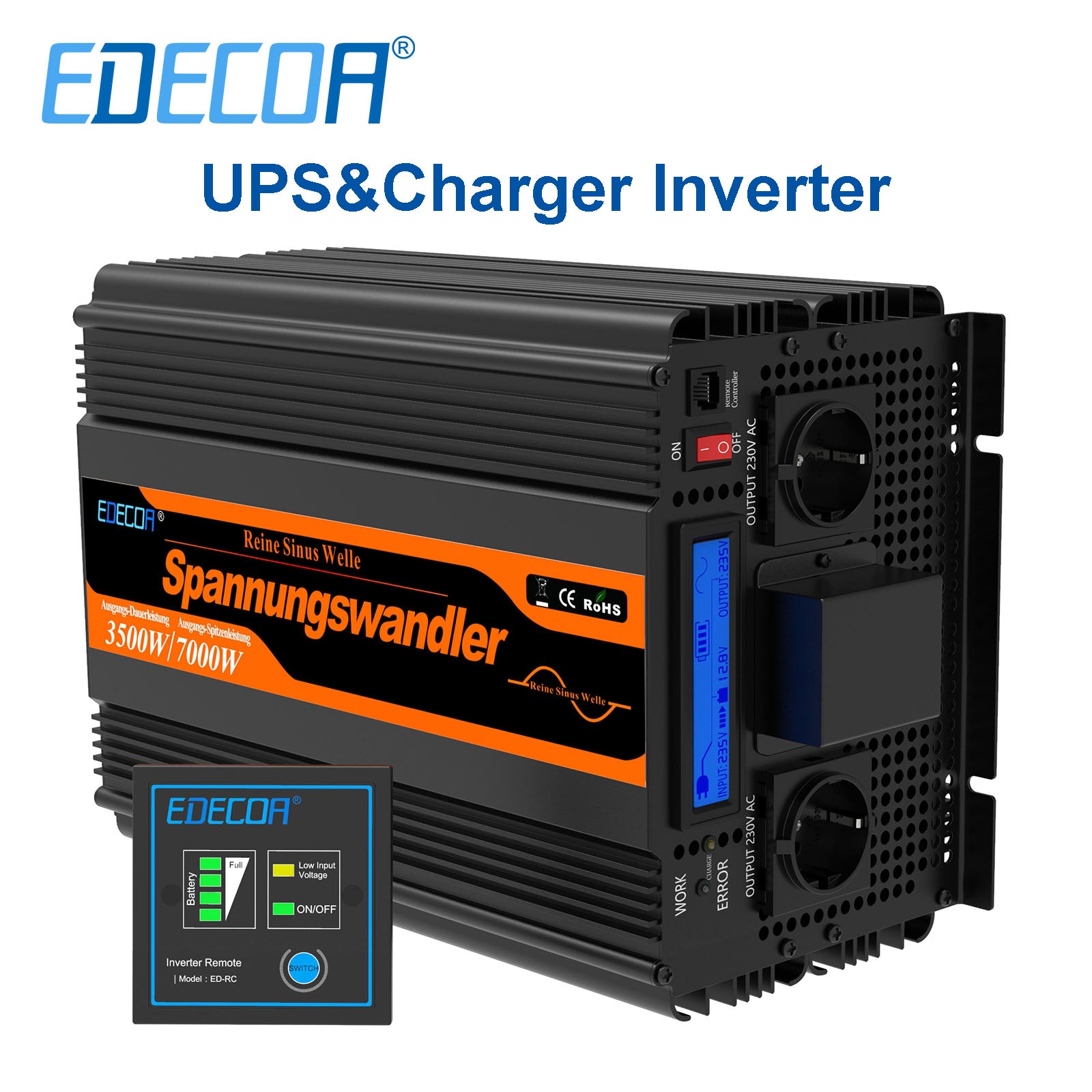 EDECOA Pure Sine Wave Power Inverter 12V to 220V 3500W With UPS and Charger Function