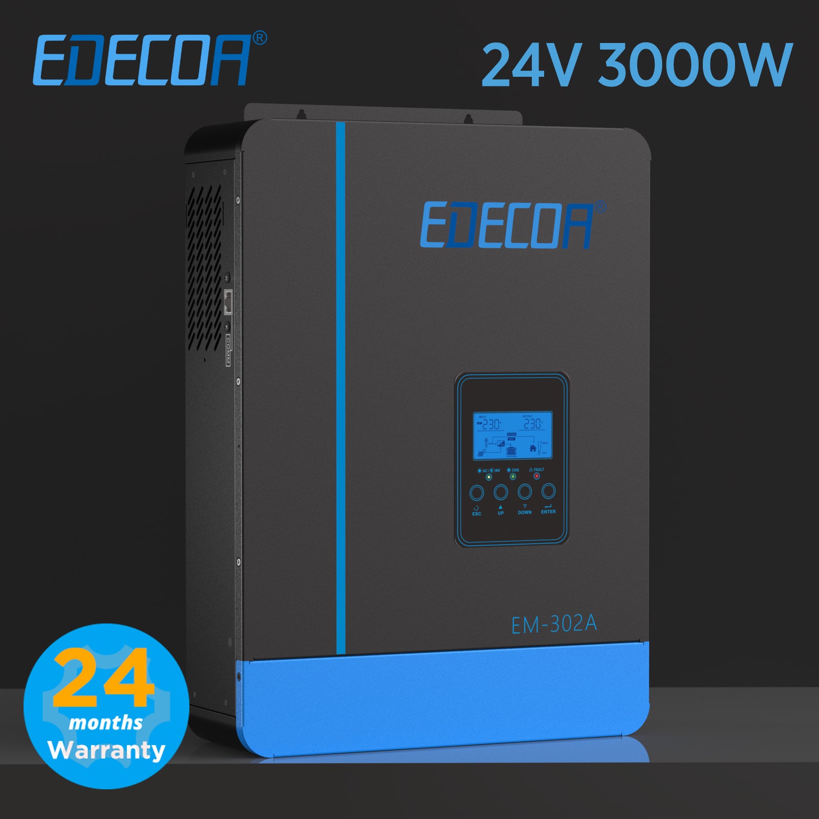 EDECOA Hybrid Solar Inverter 3000W 24V to 220V Pure Sine Wave MPPT 80A PV 55-450VDC