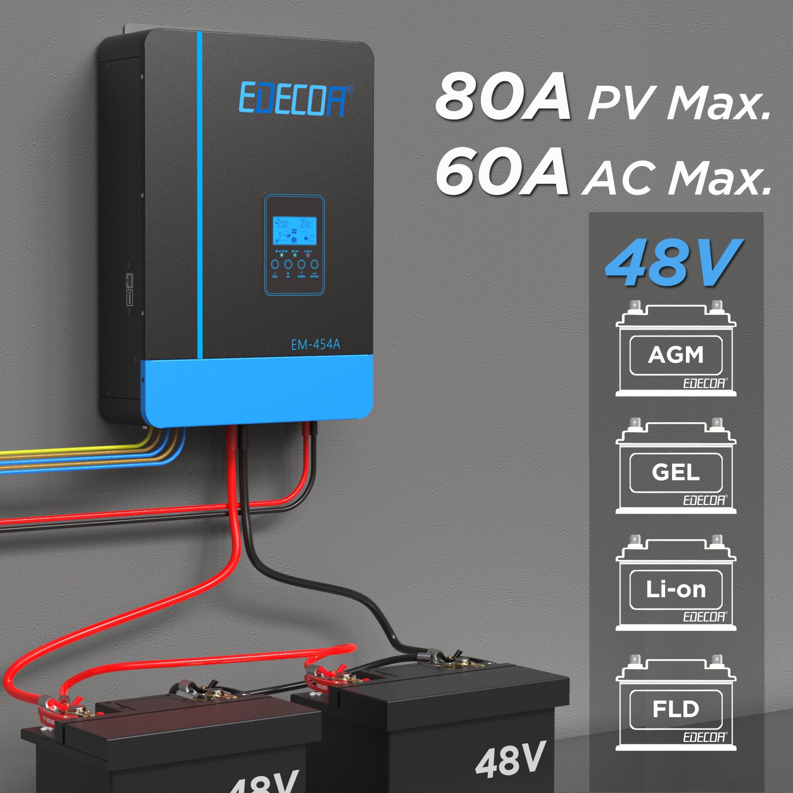 EDECOA Hybrid Solar Inverter 3800W 48V to 220V Pure Sine Wave