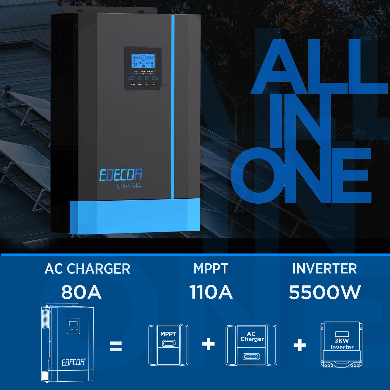 EDECOA Hybrid Solar Inverter 5500W 48V to 220V Pure Sine Wave