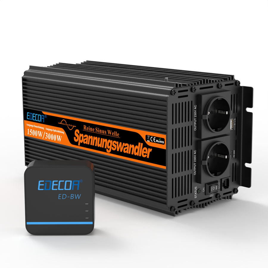 EDECOA 1500W DC 12V AC 220V 230V Pure Sine Wave Power Inverter Bluetooth-Compatible WiFi-Compatible