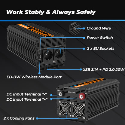 EDECOA 2000W DC 12V AC 220V 230V Pure Sine Wave Power Inverter Bluetooth-Compatible WiFi-Compatible