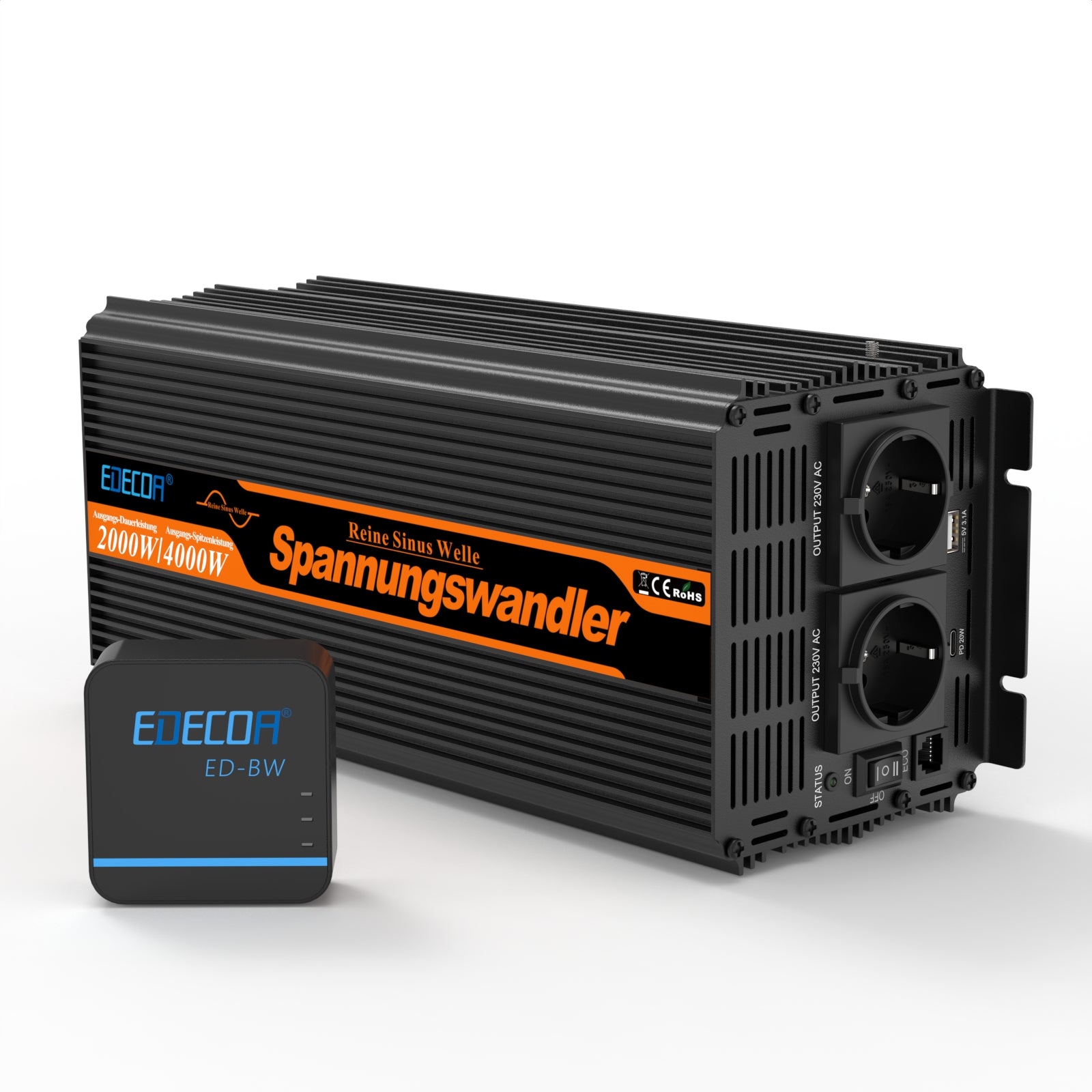 EDECOA 2000W DC 12V AC 220V 230V Pure Sine Wave Power Inverter Bluetooth-Compatible WiFi-Compatible