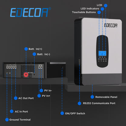 EDECOA Hybrid Solar Inverter 6200W 48V to 220V Pure Sine Wave MPPT 110A PV 55-450VDC