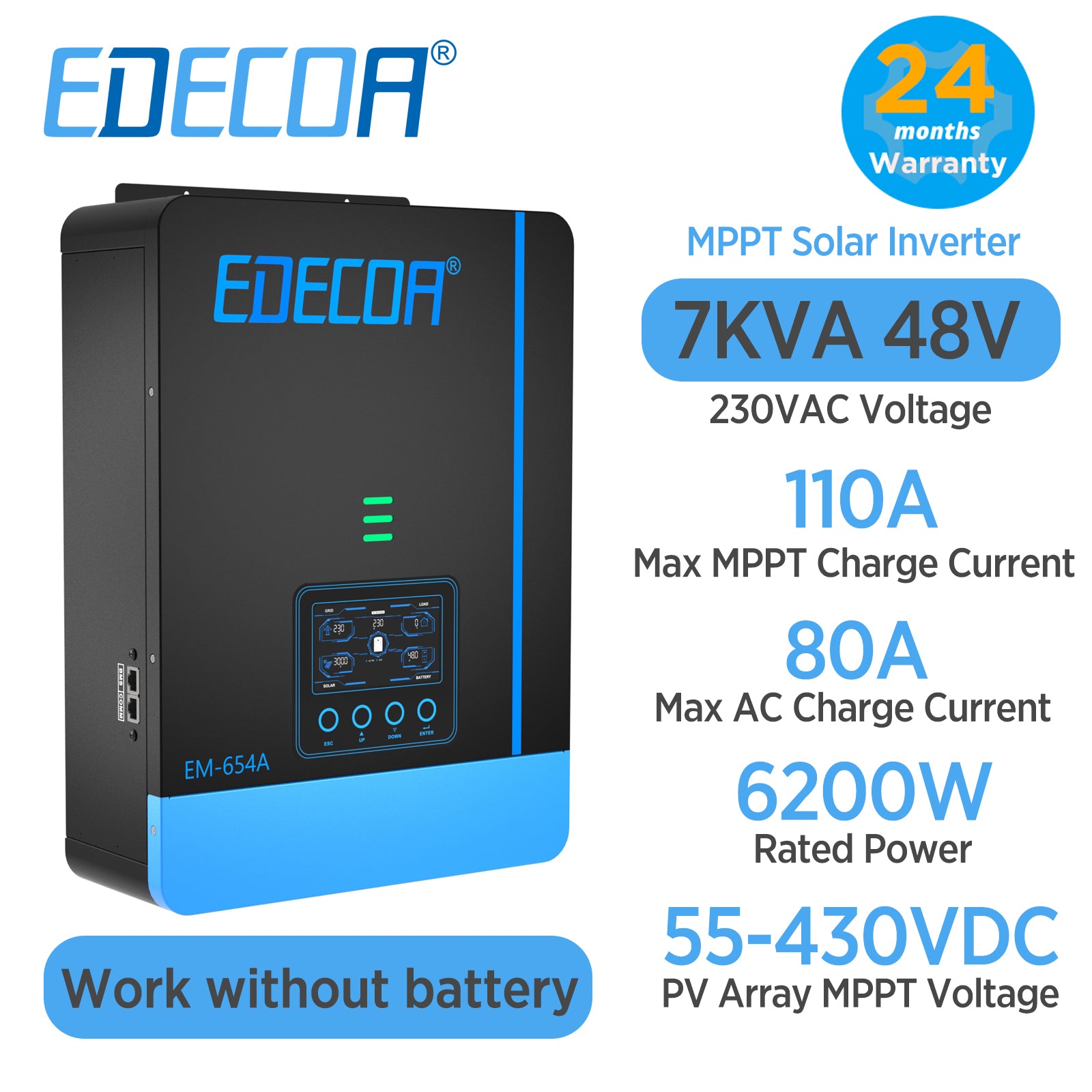 EDECOA Hybrid Solar Inverter 6200W 48V to 220V Pure Sine Wave MPPT 110A PV 55-430VDC