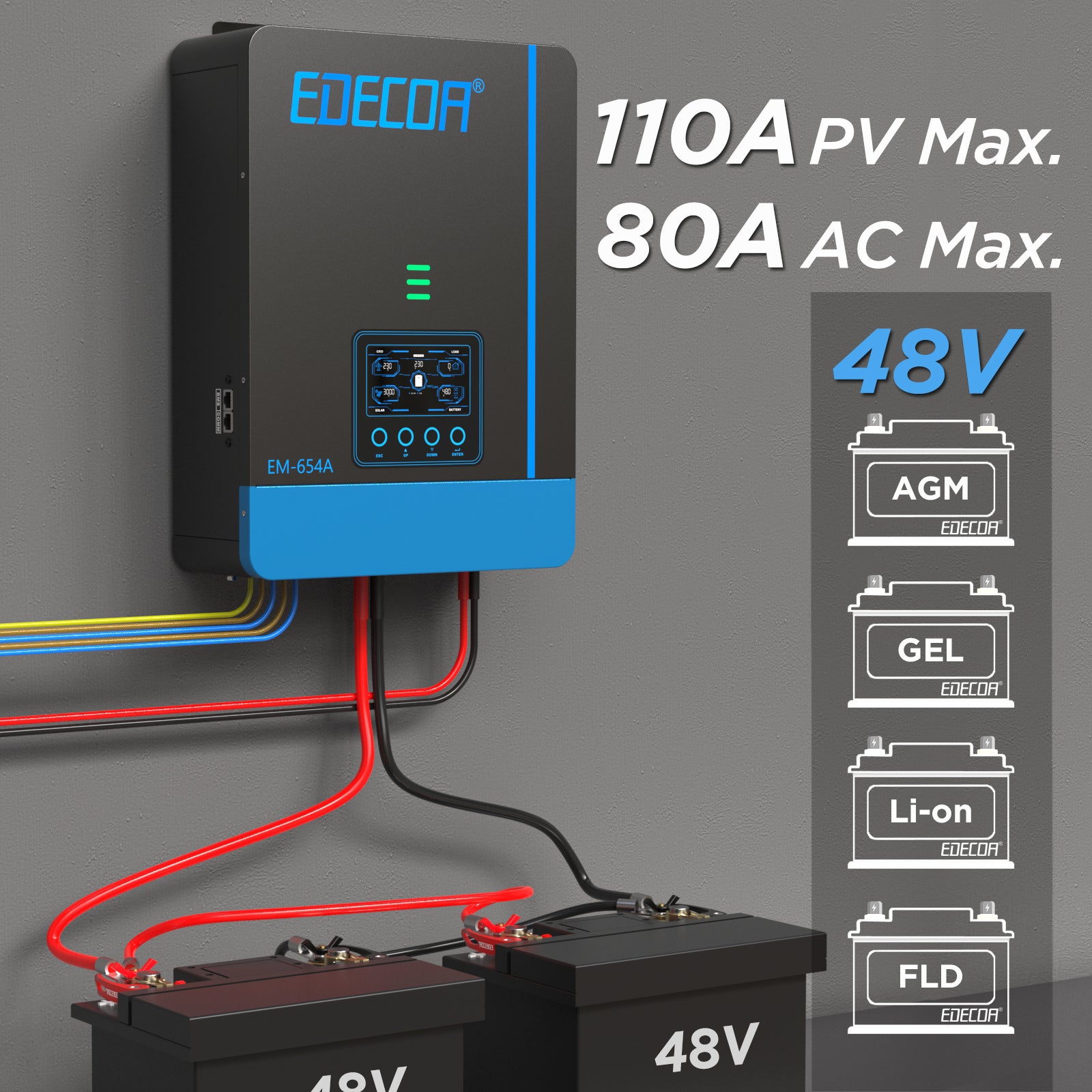 EDECOA Hybrid Solar Inverter 6200W 48V to 220V Pure Sine Wave MPPT 110A PV 55-430VDC