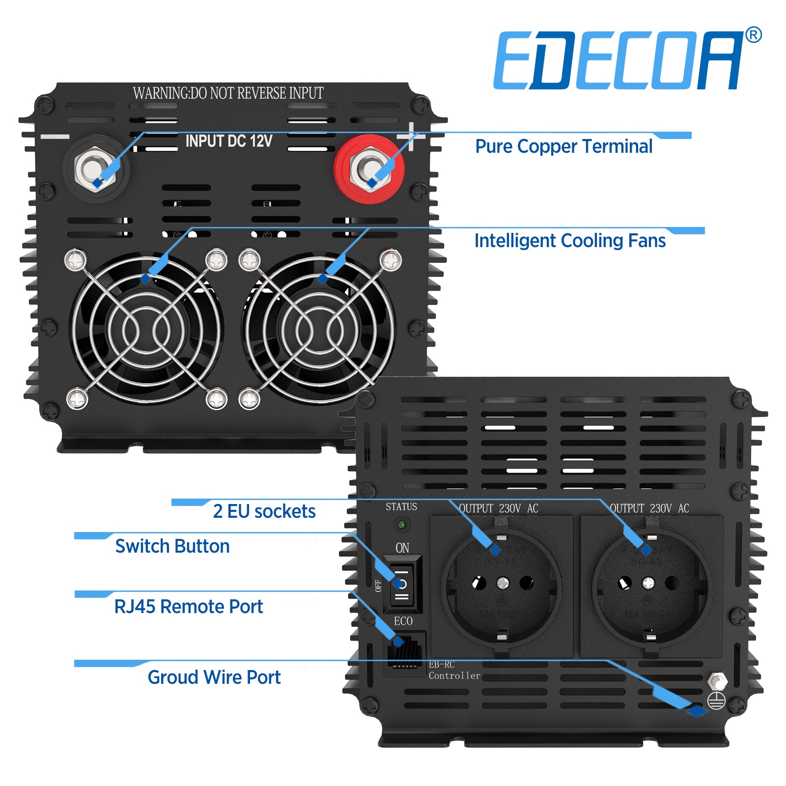 EDECOA 1500W DC 12V AC 220V 230V pure sine wave power inverter bluetooth-compatible