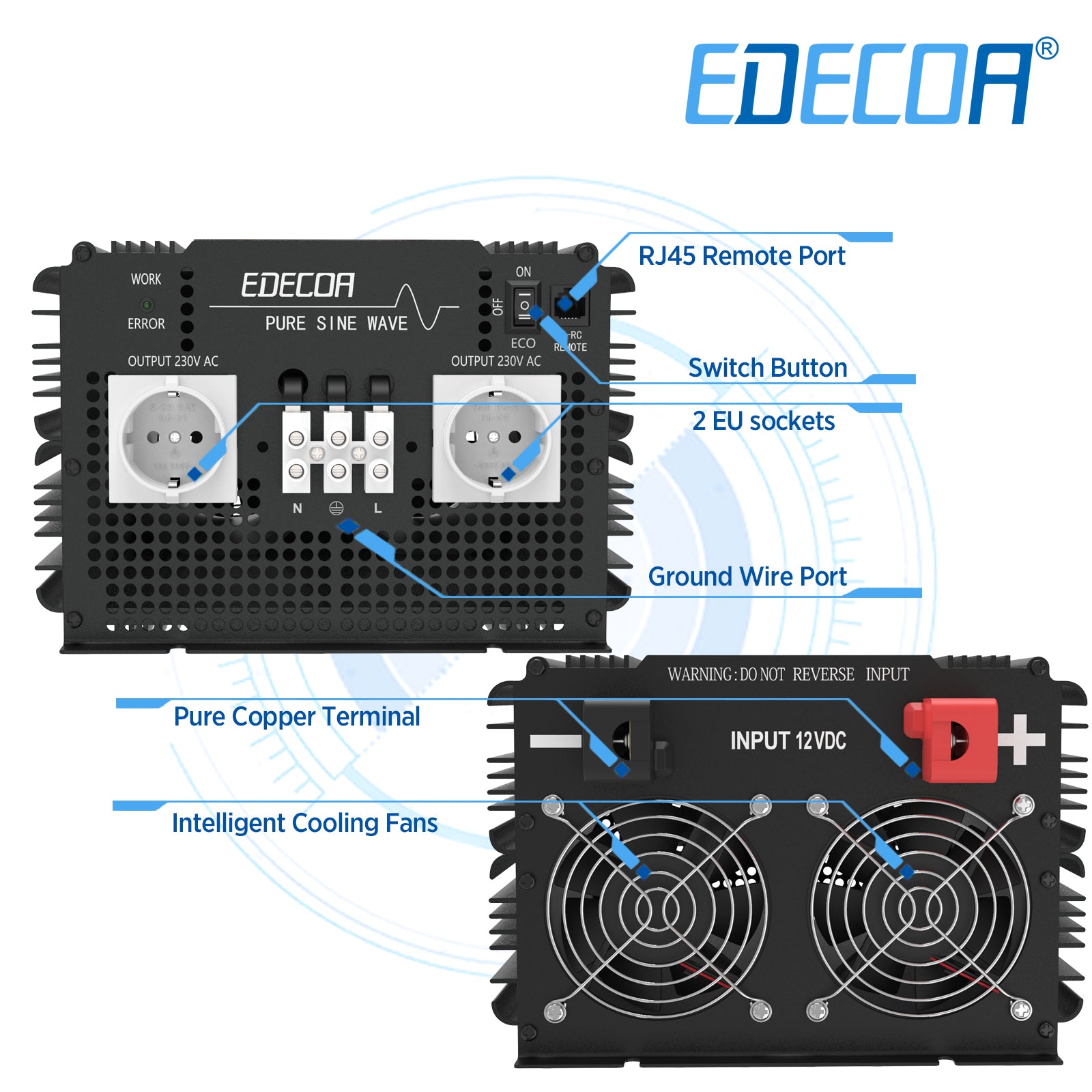 EDECOA 3500W DC 12V AC 220V 230V pure sine wave power inverter bluetooth-compatible