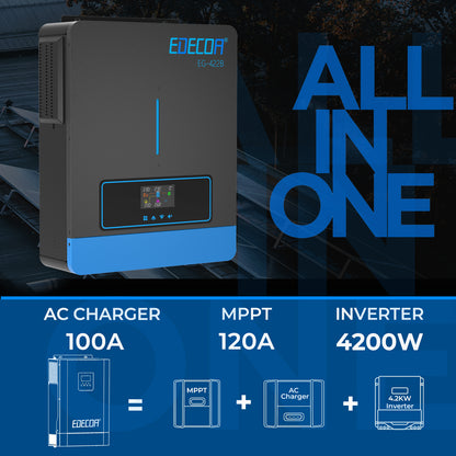 EDECOA Hybrid Solar Inverter 4200W 24V to 220V Pure Sine Wave MPPT 120A PV 60-500VDC