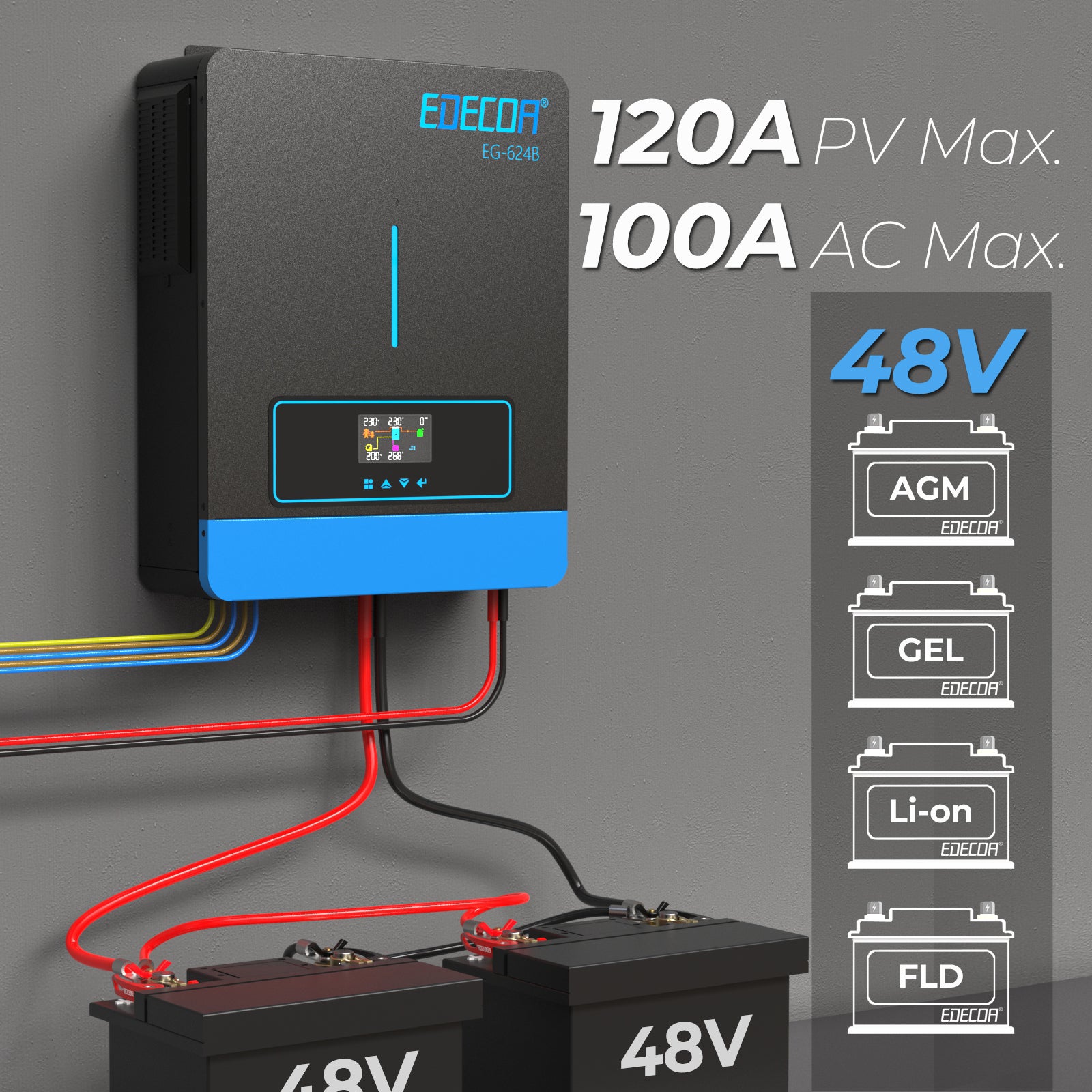 EDECOA Hybrid Solar Inverter 6200W 48V to 220V Pure Sine Wave MPPT 120A PV 60-500VDC