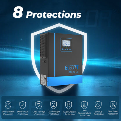 EDECOA Hybrid Solar Inverter 1000W 12V to 220V Pure Sine Wave MPPT 40A PV 20-150VDC