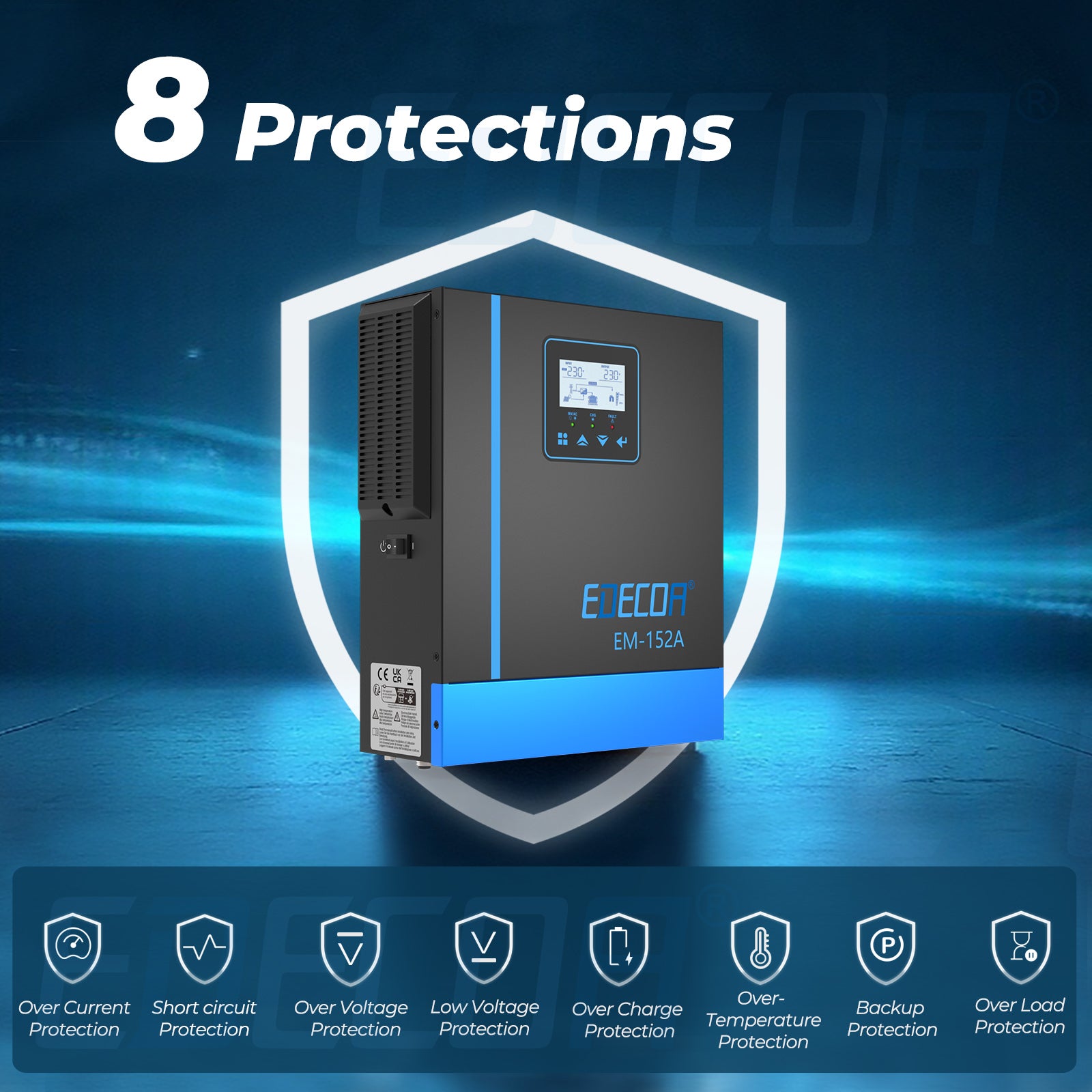 EDECOA Hybrid Solar Inverter 1500W 24V to 220V Pure Sine Wave MPPT 40A PV 30-150VDC