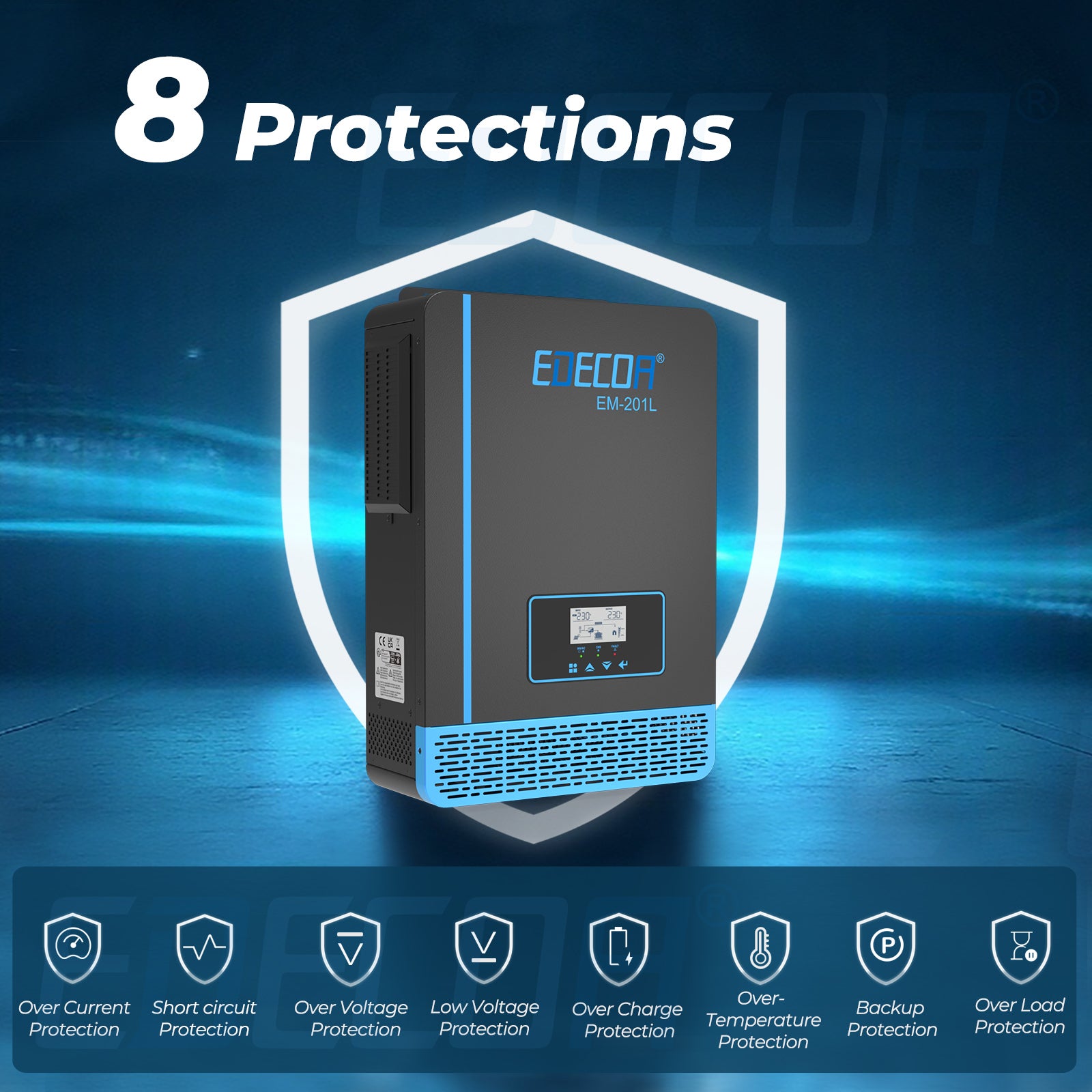 EDECOA Hybrid Solar Inverter 2000W 12V to 220V Pure Sine Wave MPPT 60A PV 20-150VDC