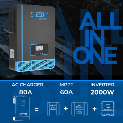EDECOA Hybrid Solar Inverter 2000W 12V to 220V Pure Sine Wave MPPT 60A PV 20-150VDC