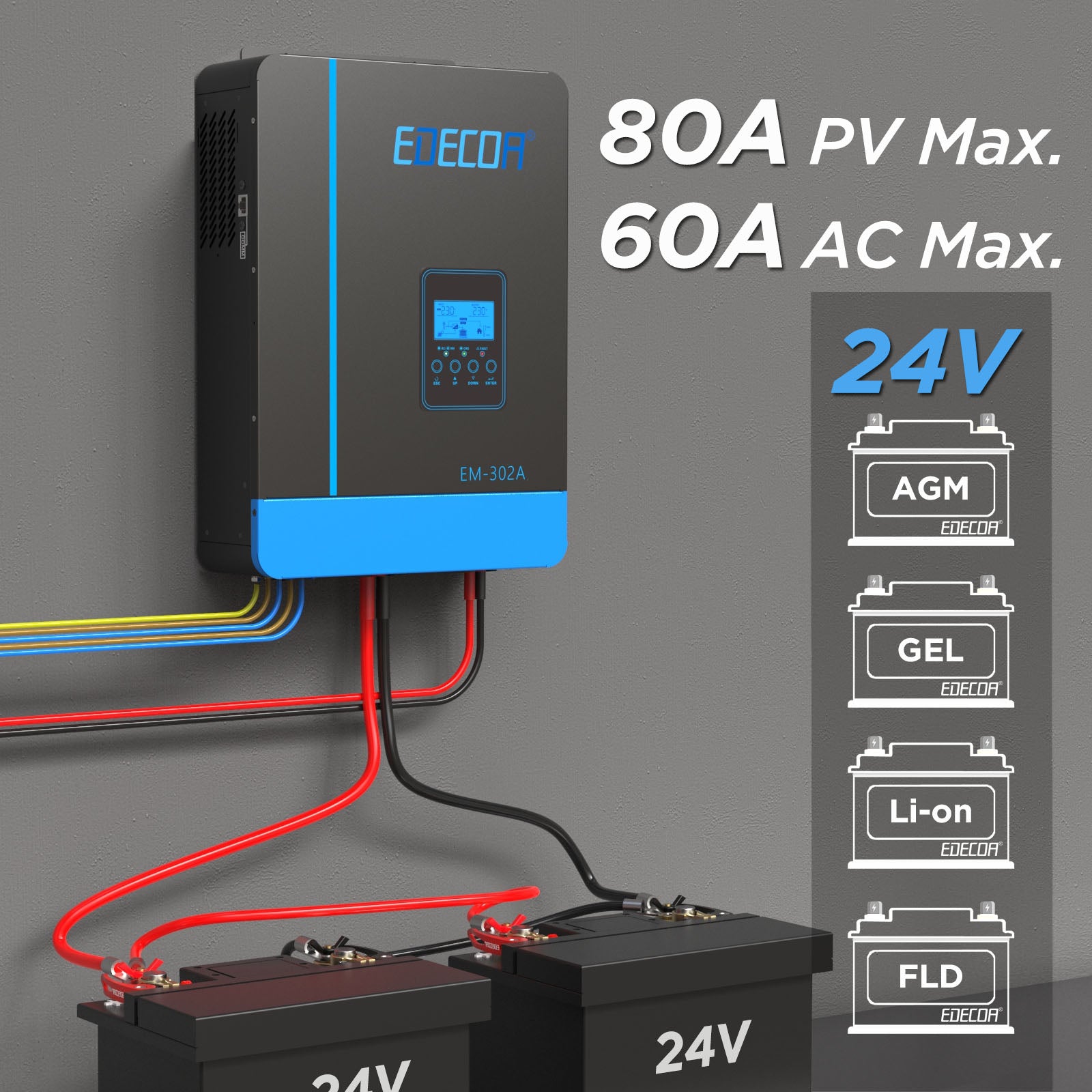 EDECOA Hybrid Solar Inverter 3000W 24V to 220V Pure Sine Wave MPPT 80A PV 55-450VDC