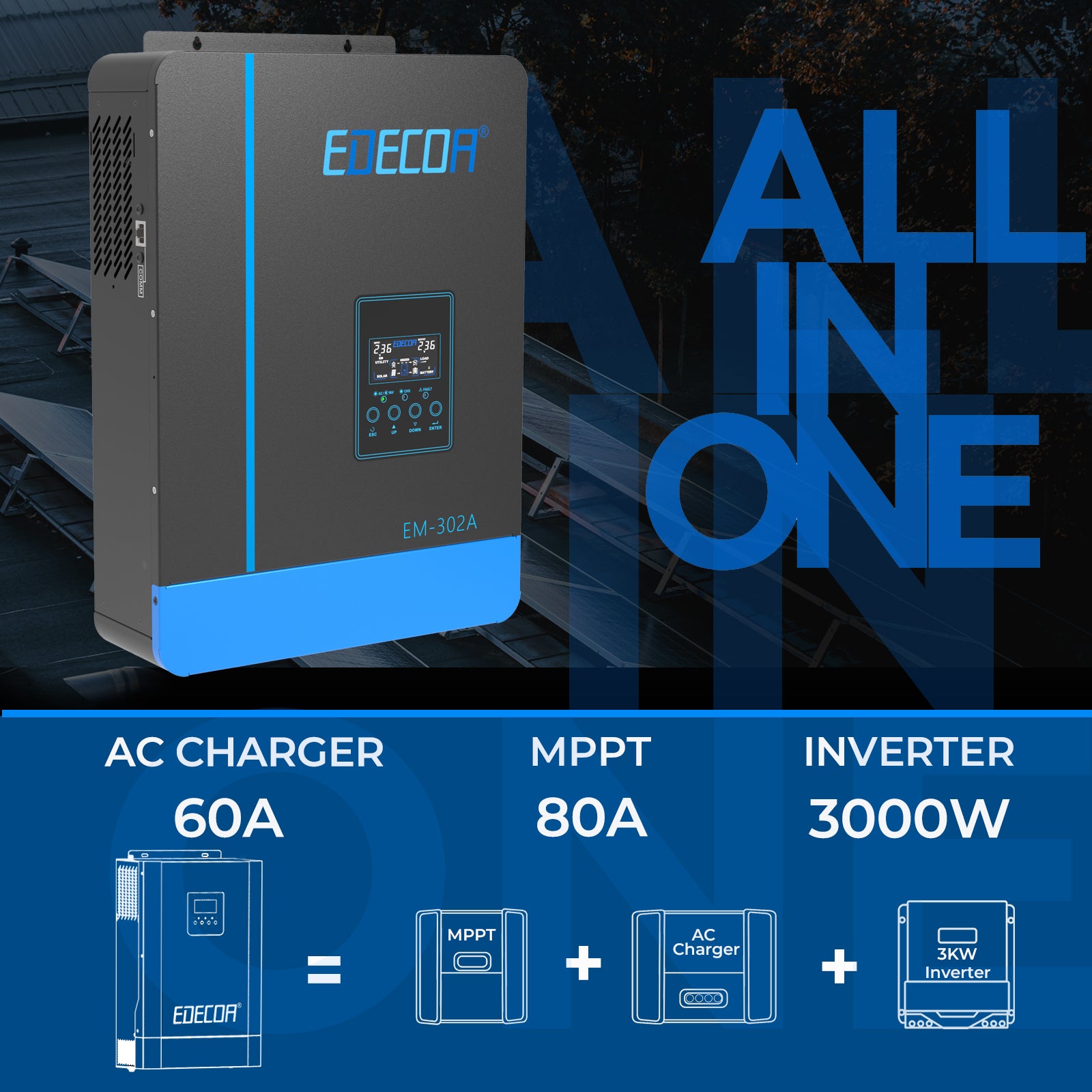 EDECOA Hybrid Solar Inverter 3000W 24V to 220V Pure Sine Wave MPPT 80A PV 55-450VDC