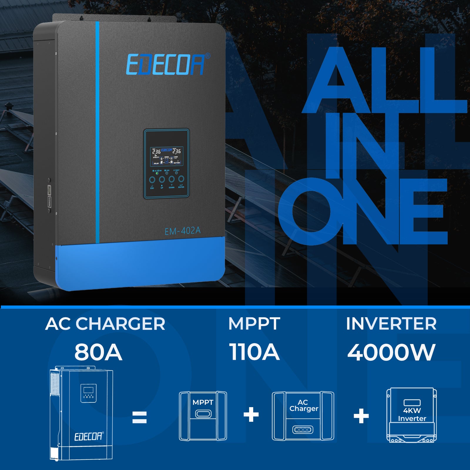 EDECOA Hybrid Solar Inverter 4000W 24V to 220V Pure Sine Wave MPPT 110A PV 55-450VDC