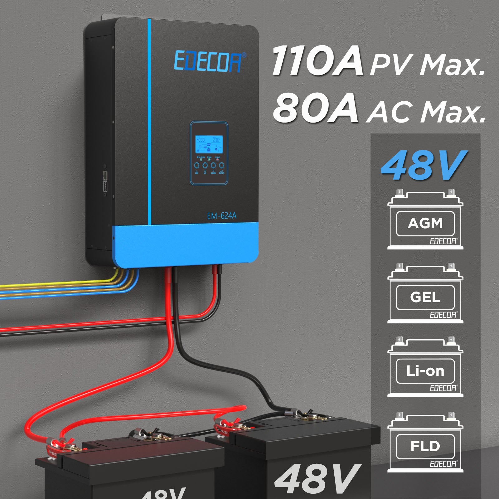 EDECOA Hybrid Solar Inverter 6200W 48V to 220V Pure Sine Wave MPPT 110A PV 55-450VDC