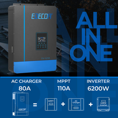 EDECOA Hybrid Solar Inverter 6200W 48V to 220V Pure Sine Wave MPPT 110A PV 55-450VDC