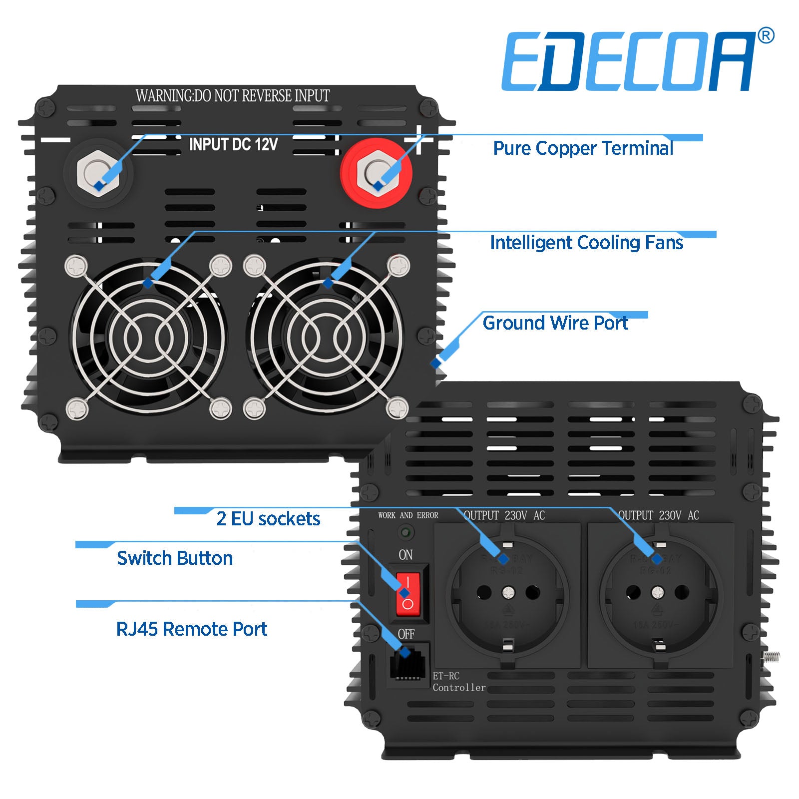 EDECOA 1500W DC 12V AC 220V 230V pure sine wave power inverter