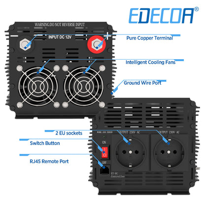 EDECOA 2500W DC 12V AC 220V 230V pure sine wave power inverter