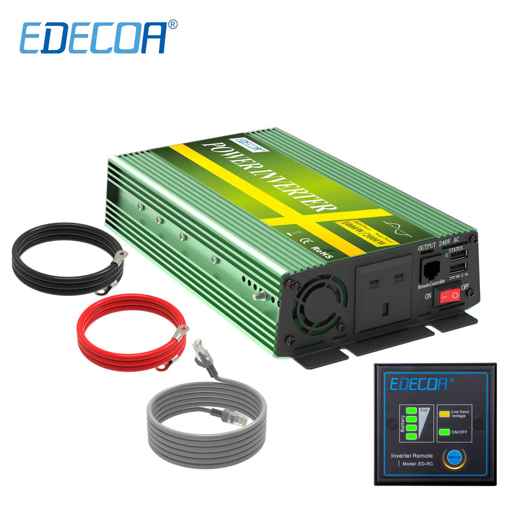 EDECOA 1000W DC 12V to AC 240V pure sine wave power inverter UK socket