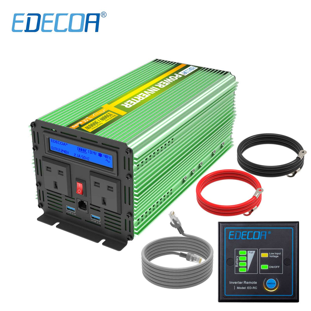 EDECOA 1500W DC 12V to AC 240V pure sine wave power inverter UK socket