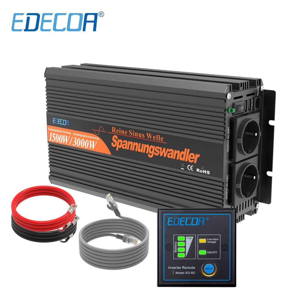 EDECOA 1500W/3000W DC 12V/24V AC 220V 230V pure sine wave power inverter
